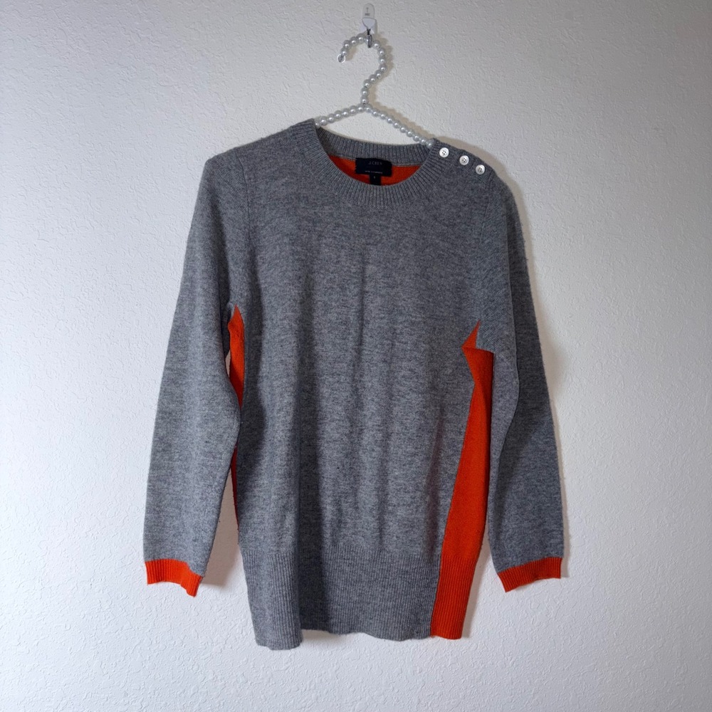 J.Crew Sweater Small Gray Orange Cashmere Blend Colorblock Elbow Patch